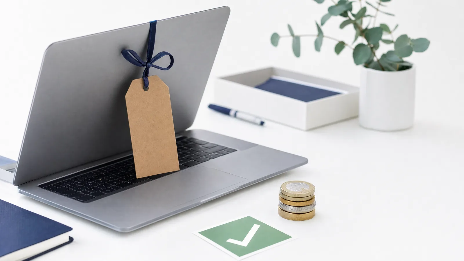 Laptop met een prijskaartje eraan naast een stapeltje munten op een licht bureau
