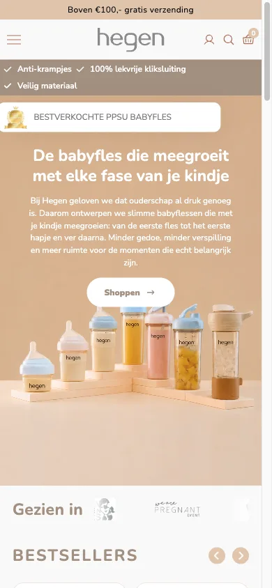 De website van Hegen op mobiel