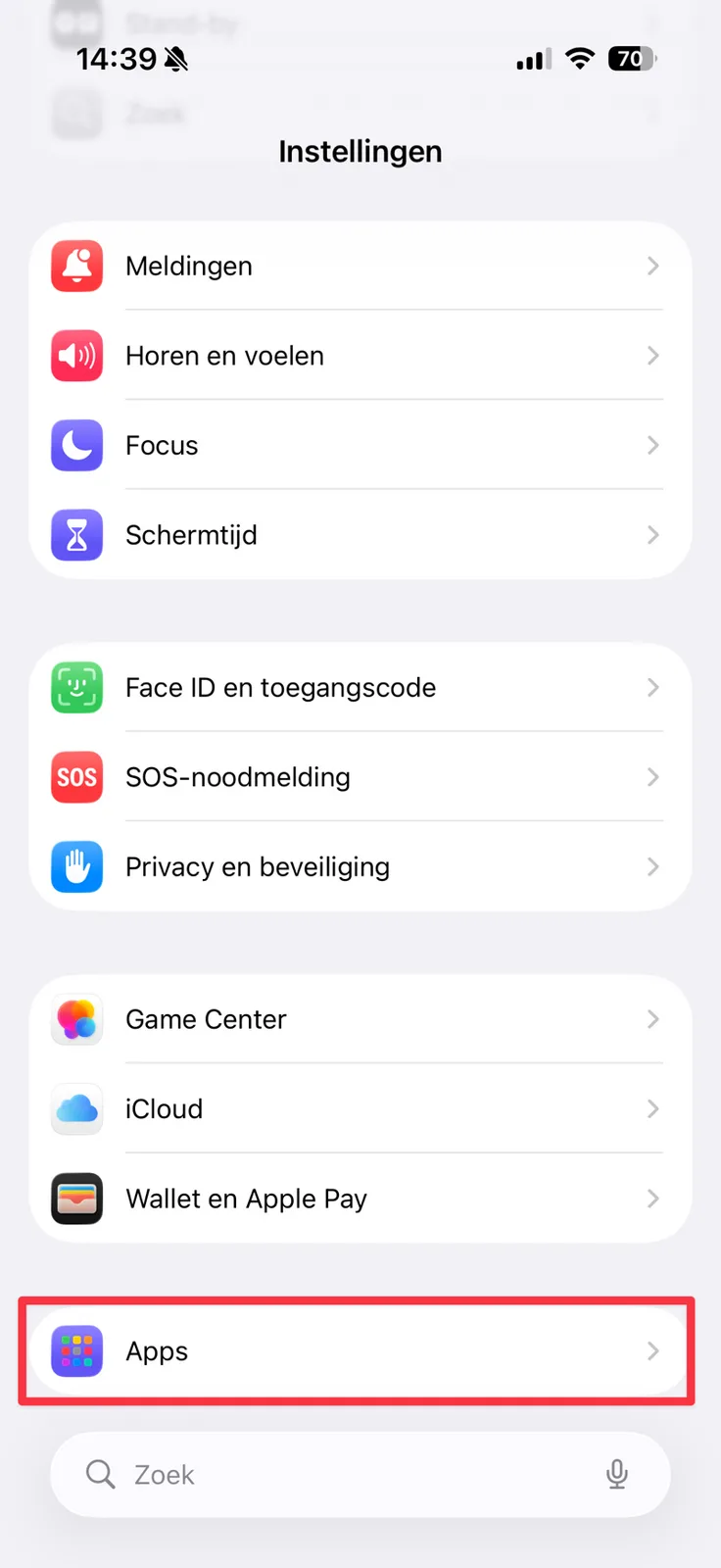 Apps in het instellingenmenu