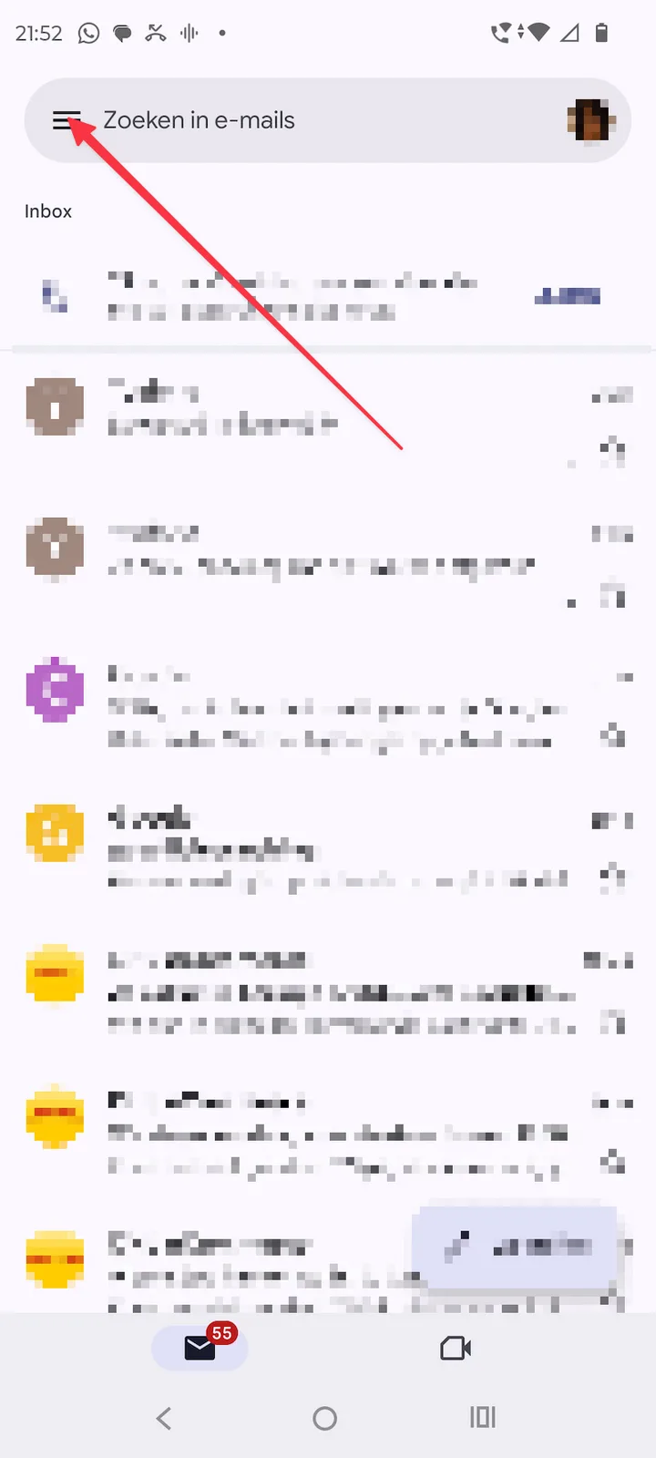 Het menu in Gmail