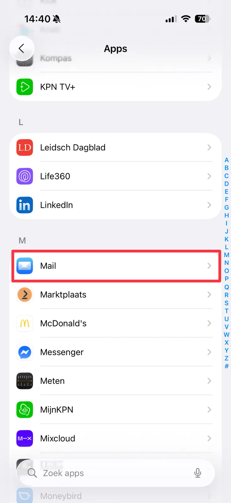 De Mail-app in de lijst