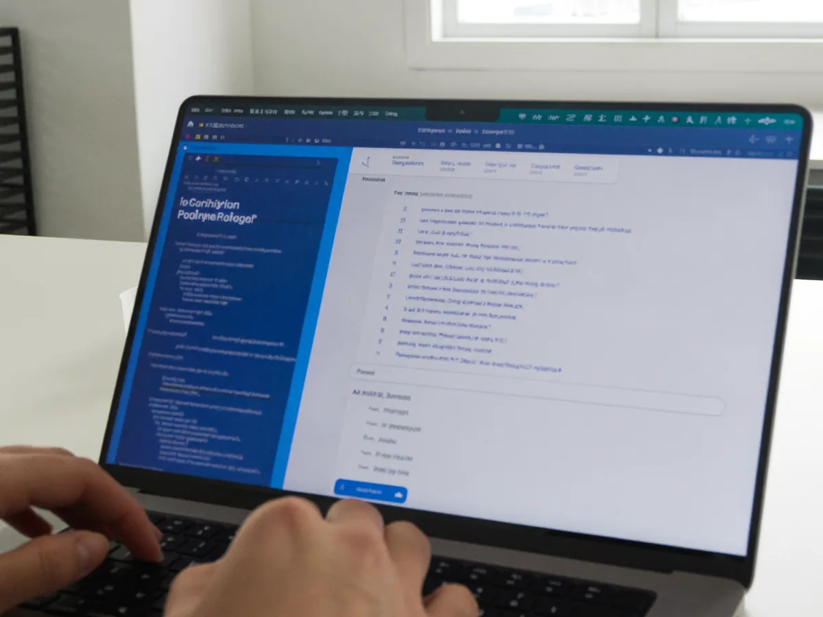 Handen typen op een laptop met een licht codescherm en assistentpaneel