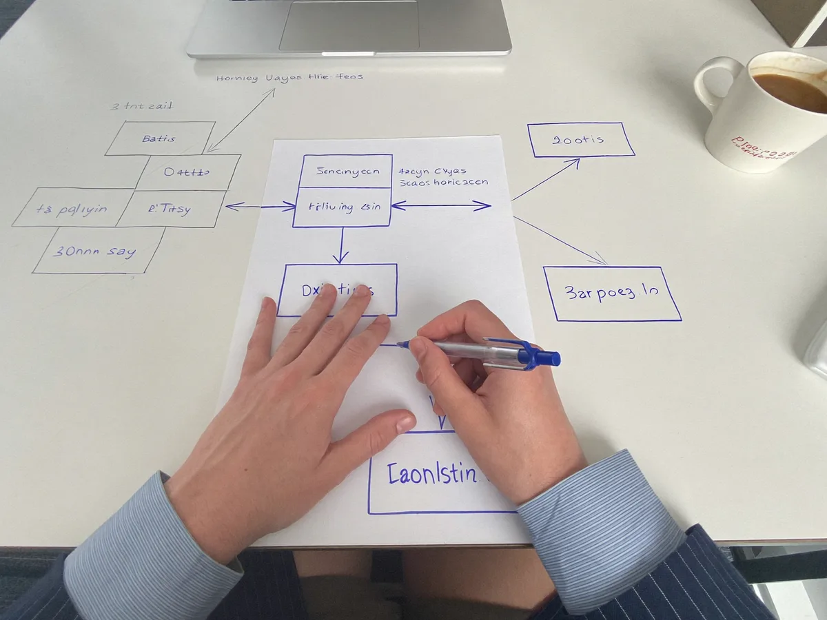 Handen schetsen een stroomschema van gekoppelde systemen naast een laptop