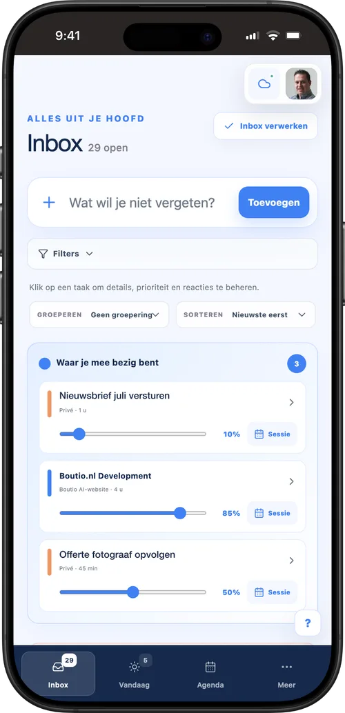 De inbox van de taakbeheerapplicatie op een telefoon, met taken en voortgang