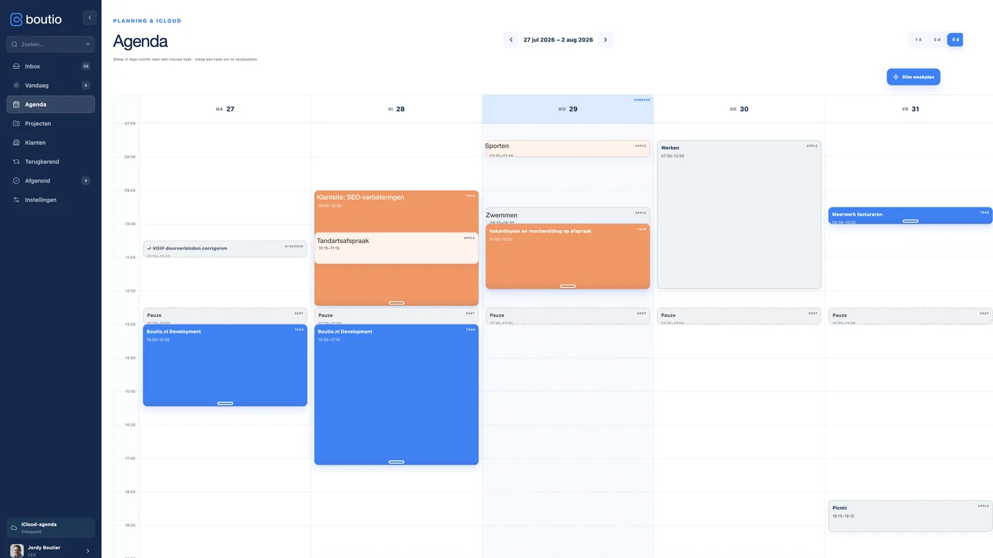De agenda van de Boutio-taakbeheerapplicatie met ingeplande taken en iCloud-koppeling
